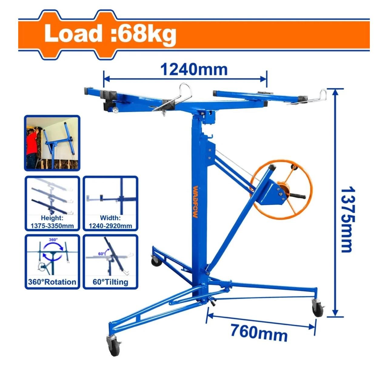WADFON ELEVADOR CON BRAZO TELESCOPICO Y RUEDA DE BLOQUEO PARA PLACA DE YESO 1240 X 1375MM MAX 68KG WJSQ1168