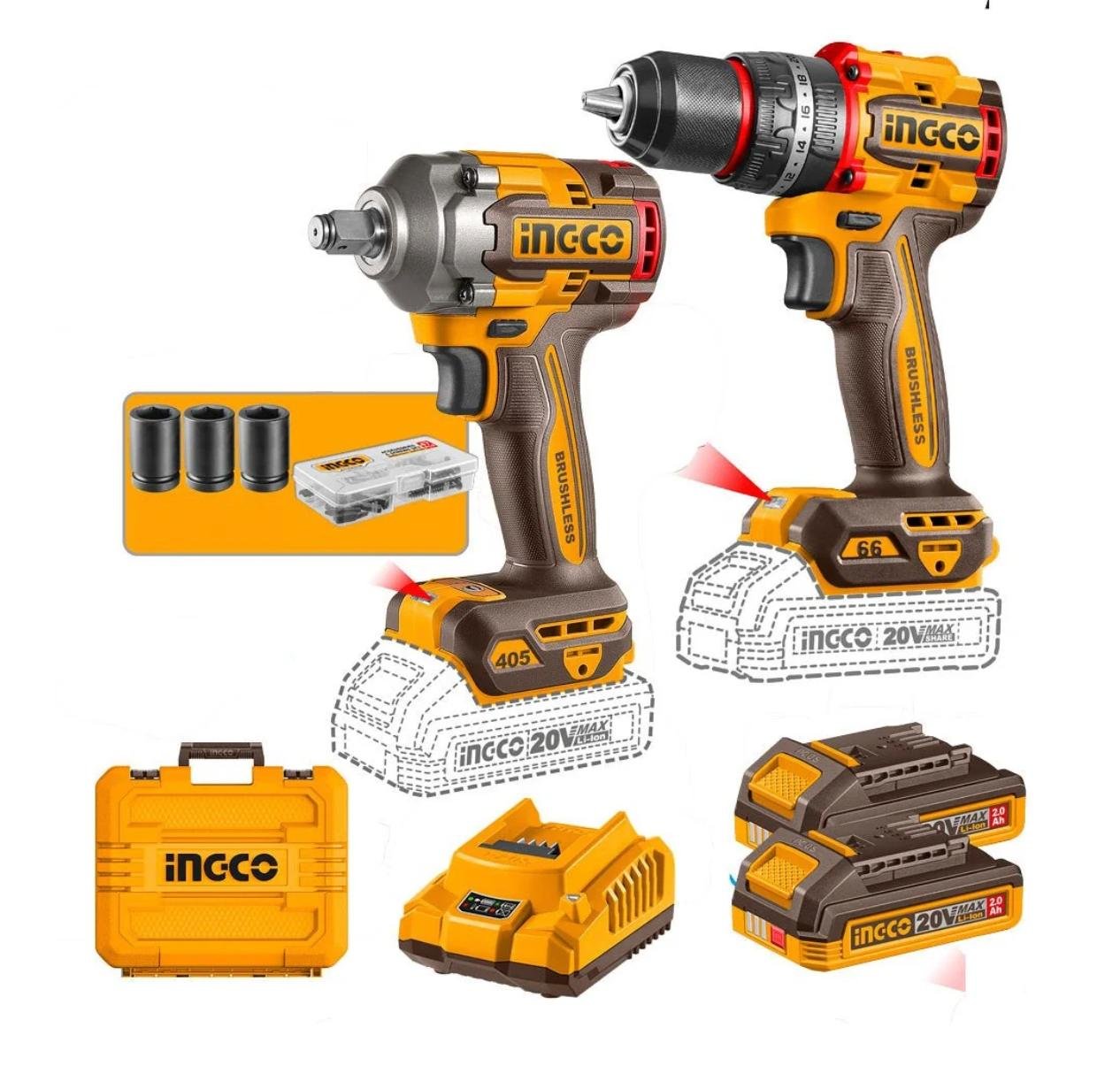 INGCO COMBO TALADRO 1/2 20V 66MM CIDLI20668 + 1 LLAVE DE IMPACTO 1/2 20V 405NM CIWLI2045+ 2 BATERIAS 2.0AH+ CARGADOR Y ACCESOERIOS UCKLI20286