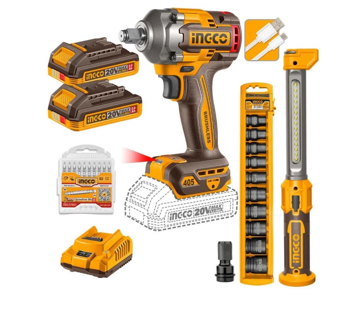 INGCO COMBO 1 LLAVE DE IMPACTO 1/2 20V 405 CIWLI20451+1 LAMPARA HWLID43006+1 JUEGO DADOS DE IMPACTO 10PC +2 BATERIAS 2AH FBLI20011 + 1 CARGADOR UFCLI2001 – UCOSLI23056